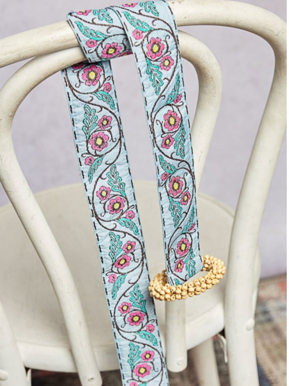 POL Sky Blue Floral Embroidered Boho Tie Belt BELT One Size